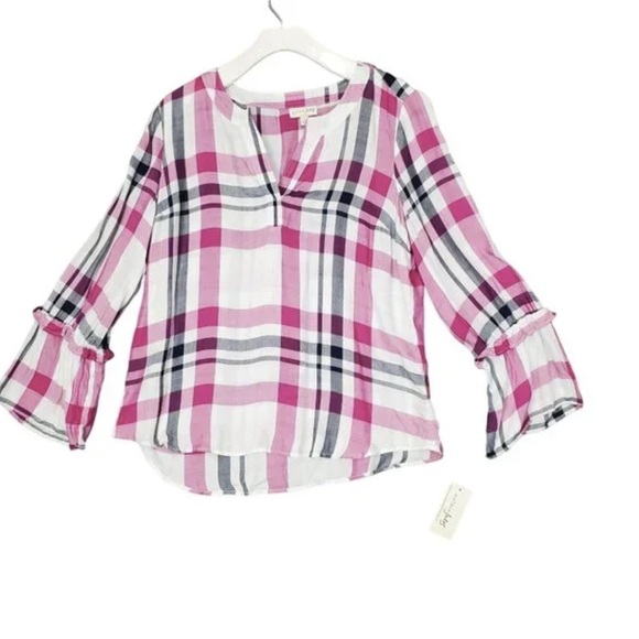 Tops - Pink Plaid Peasant Blouse